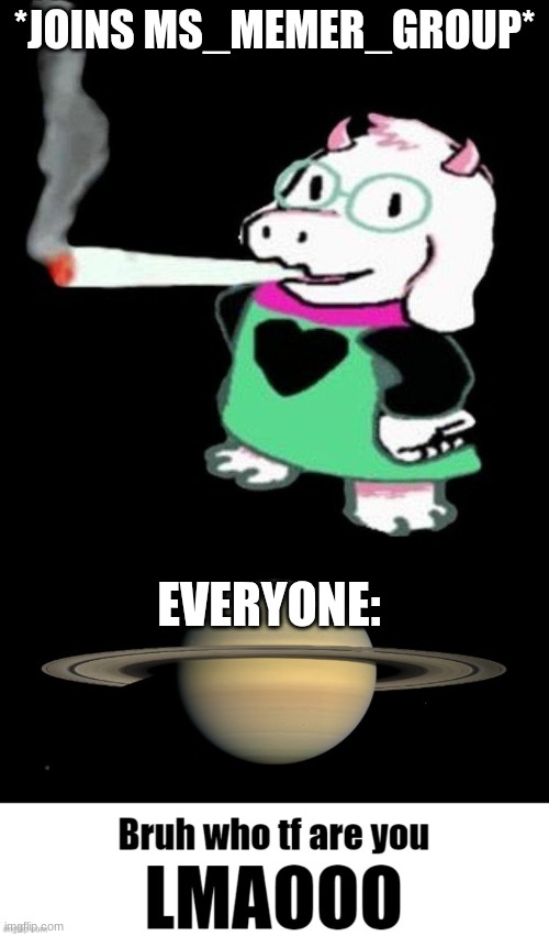 *JOINS MS_MEMER_GROUP*; EVERYONE: | image tagged in ralsei smoking,bruh who tf are you lmaooo | made w/ Imgflip meme maker