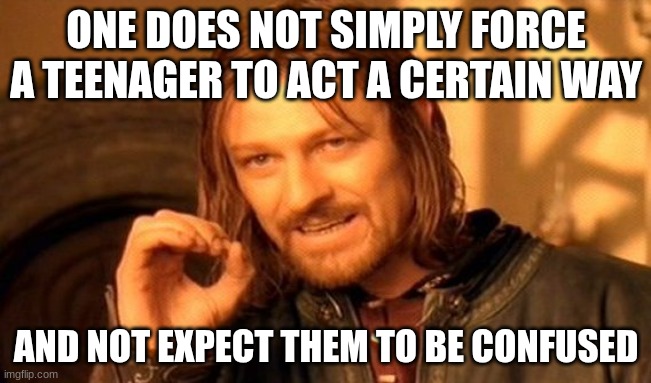 One Does Not Simply | ONE DOES NOT SIMPLY FORCE A TEENAGER TO ACT A CERTAIN WAY; AND NOT EXPECT THEM TO BE CONFUSED | image tagged in memes,one does not simply | made w/ Imgflip meme maker