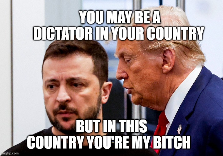 Trump Zelensky | YOU MAY BE A DICTATOR IN YOUR COUNTRY; BUT IN THIS COUNTRY YOU'RE MY BITCH | image tagged in trump zelensky | made w/ Imgflip meme maker