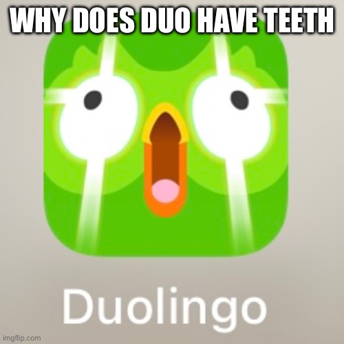 WHY DOES DUO HAVE TEETH | image tagged in duolingo | made w/ Imgflip meme maker