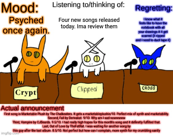 I HIGHLY recommend that first song. Also King Bob has turned to the dark side. Rethrone Asgore. | Four new songs released today. Ima review them; I know what it feels like to have the notebook with all your drawings it it get scarred (it ripped and I need to duct tape it); Psyched once again. First song is Marketable Plush by The Chalkeaters. It gets a marketableplushie/10. Perfect mix of synth and marketability.
Second, Fall by Derivakat. 9/10. Why am I sad nowwwww
Third, Vampire by CJBeards. 9.5/10. I had really high hopes for this month's song and it definetly fulfilled that.
Last, Out of Love by TheFatRat. I was waiting for another song by this guy after the last album. 8.5/10. Not perfect but how can I complain, more synth for my crumbling sanity | image tagged in dungeonkeeper announcement temp,music,review | made w/ Imgflip meme maker