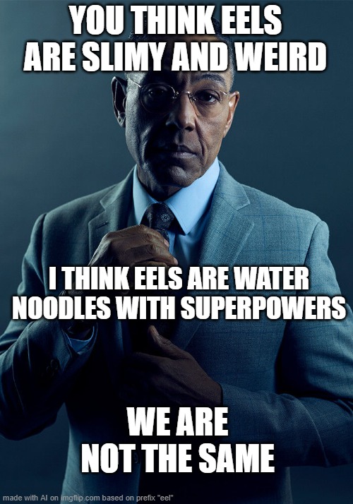 —▪ | YOU THINK EELS ARE SLIMY AND WEIRD; I THINK EELS ARE WATER NOODLES WITH SUPERPOWERS; WE ARE NOT THE SAME | image tagged in gus fring we are not the same | made w/ Imgflip meme maker