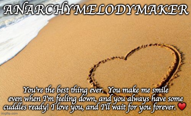 Maybe I should disable comments... | ANARCHYMELODYMAKER; You're the best thing ever.  You make me smile even when I'm feeling down, and you always have some cuddles ready! I love you, and I'll wait for you forever. ♥️ | image tagged in beach heart | made w/ Imgflip meme maker