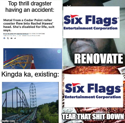 Its a sad thing to see honestly | Top thrill dragster having an accident:; RENOVATE; Kingda ka, existing:; TEAR THAT SHIT DOWN | image tagged in memes,sleeping shaq,six flags,rollercoaster,kingda ka,destruction | made w/ Imgflip meme maker