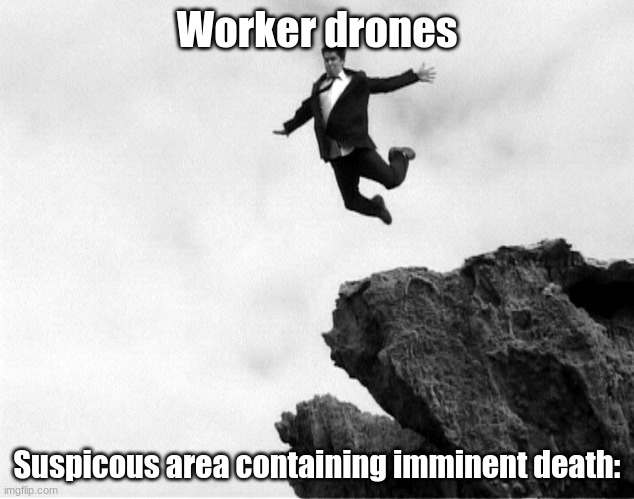 Episode 2 in a nutshell | Worker drones; Suspicous area containing imminent death: | image tagged in man jumping off a cliff | made w/ Imgflip meme maker