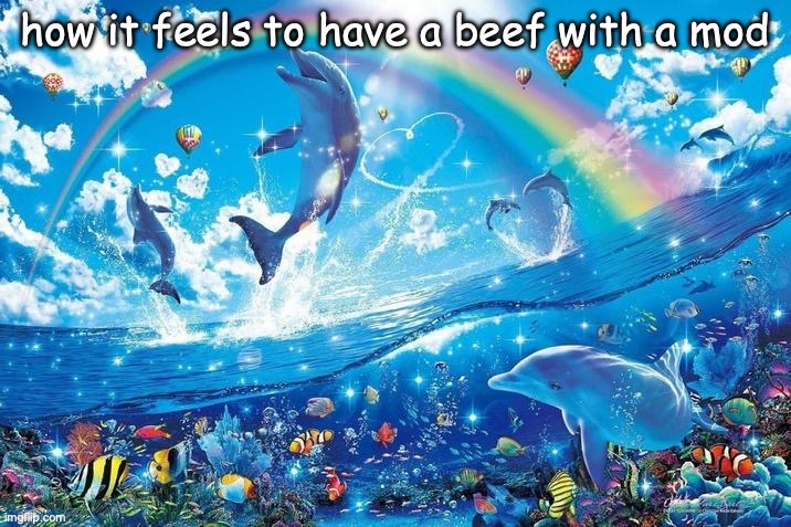 Happy dolphin rainbow | how it feels to have a beef with a mod | image tagged in happy dolphin rainbow | made w/ Imgflip meme maker