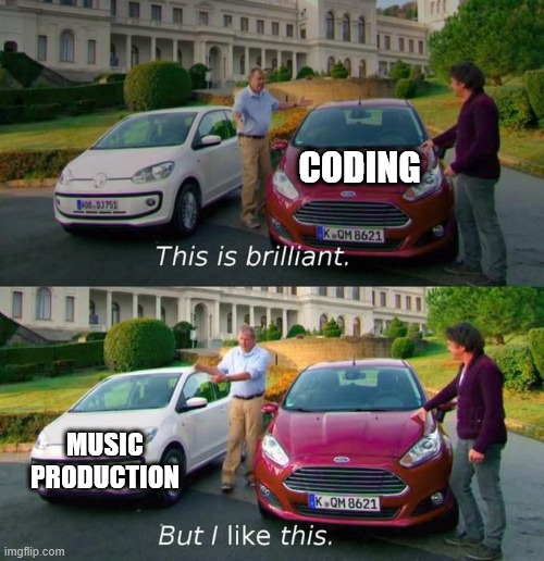 Both use computers | CODING; MUSIC PRODUCTION | image tagged in this is brilliant but i like this,musi production,coding,computers | made w/ Imgflip meme maker