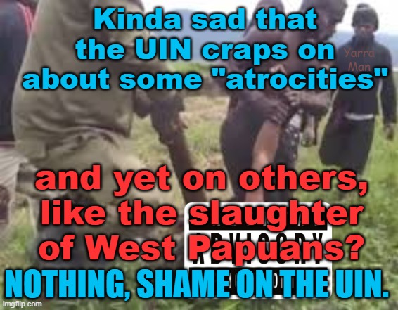 The UIN cherry-picks some slaughters, but not others, like West Papuans and White South Africans! | Kinda sad that the UIN craps on about some "atrocities"; Yarra Man; and yet on others, like the slaughter of West Papuans? NOTHING, SHAME ON THE UIN. | image tagged in islam,united islamic nations,evil,money waster,virtue signalling,south africa | made w/ Imgflip meme maker