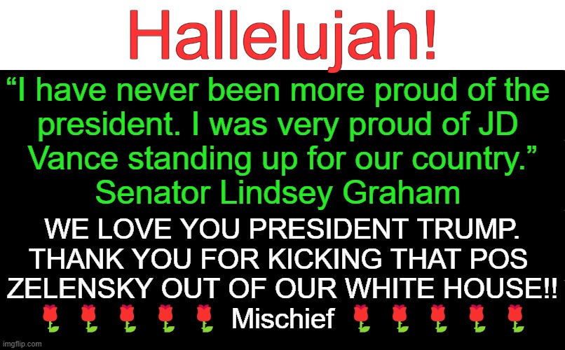 When Graham & We The People Agree, You Can Take It To The Bank! | Hallelujah! “I have never been more proud of the 
president. I was very proud of JD 
Vance standing up for our country.”
Senator Lindsey Graham; WE LOVE YOU PRESIDENT TRUMP.

THANK YOU FOR KICKING THAT POS 
ZELENSKY OUT OF OUR WHITE HOUSE!!
🌹🌹🌹🌹🌹 Mischief 🌹🌹🌹🌹🌹 | image tagged in donald trump,jd vance,zelensky,ukraine,white house,lindsey graham | made w/ Imgflip meme maker