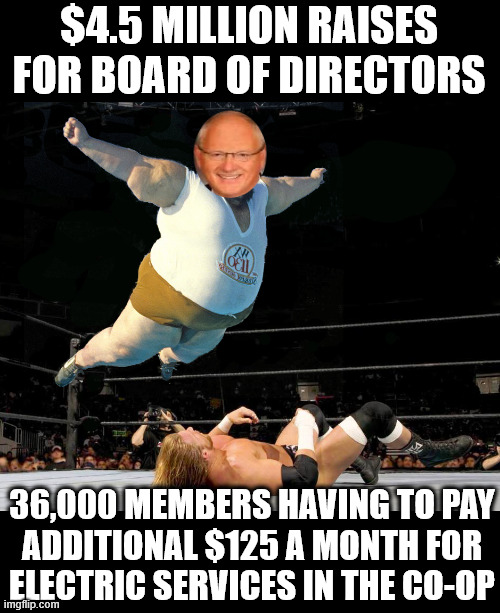 Plutocracy by Hubris | $4.5 MILLION RAISES FOR BOARD OF DIRECTORS; 36,000 MEMBERS HAVING TO PAY
 ADDITIONAL $125 A MONTH FOR 
ELECTRIC SERVICES IN THE CO-OP | image tagged in fat wrestler,naec co-op | made w/ Imgflip meme maker