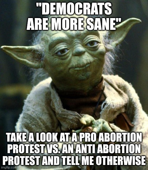 use your brain pls | "DEMOCRATS ARE MORE SANE"; TAKE A LOOK AT A PRO ABORTION PROTEST VS. AN ANTI ABORTION PROTEST AND TELL ME OTHERWISE | image tagged in memes,star wars yoda | made w/ Imgflip meme maker