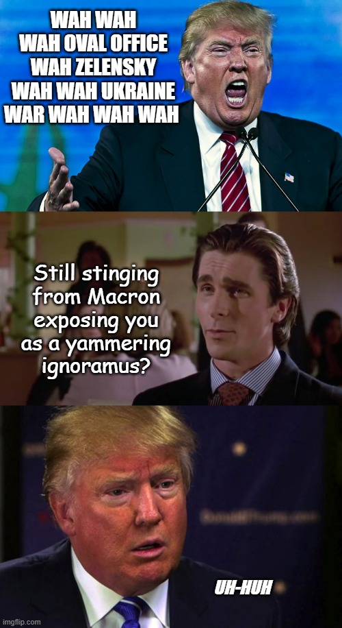 Textbook transference be like | WAH WAH WAH OVAL OFFICE WAH ZELENSKY WAH WAH UKRAINE WAR WAH WAH WAH; Still stinging
from Macron
exposing you
as a yammering
ignoramus? UH-HUH | image tagged in angry trump,cool it patrick bateman,sad trump | made w/ Imgflip meme maker