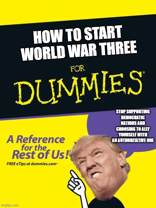 For dummies book | HOW TO START WORLD WAR THREE; STOP SUPPORTING DEMOCRATIC NATIONS AND CHOOSING TO ALLY YOURSELF WITH AN AUTHORITATIVE ONE | image tagged in for dummies book | made w/ Imgflip meme maker