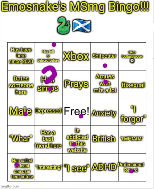 Emosnake's MSmg bingo | image tagged in emosnake's msmg bingo | made w/ Imgflip meme maker