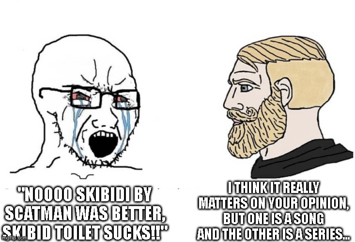 skibbi | I THINK IT REALLY MATTERS ON YOUR OPINION, BUT ONE IS A SONG AND THE OTHER IS A SERIES... "NOOOO SKIBIDI BY SCATMAN WAS BETTER, SKIBID TOILET SUCKS!!" | image tagged in soyboy vs yes chad | made w/ Imgflip meme maker