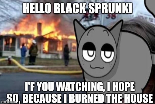 Gray sprunki gives Karma on black sprunki because what he caused | HELLO BLACK SPRUNKI; I'F YOU WATCHING, I HOPE SO, BECAUSE I BURNED THE HOUSE | image tagged in burning house girl,sprunki,gray sprunki | made w/ Imgflip meme maker