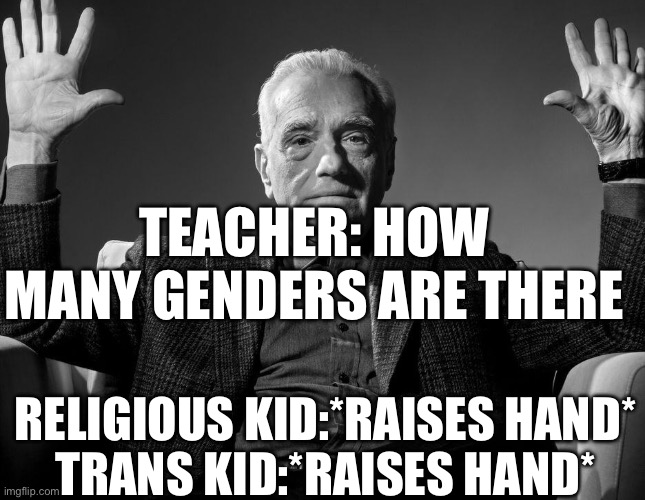 Absolute Cinema | TEACHER: HOW MANY GENDERS ARE THERE; RELIGIOUS KID:*RAISES HAND*
TRANS KID:*RAISES HAND* | image tagged in absolute cinema | made w/ Imgflip meme maker