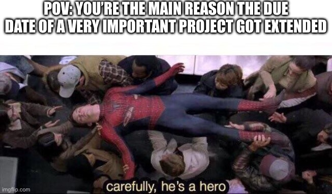 The greatest hero for procrastinators | POV: YOU’RE THE MAIN REASON THE DUE DATE OF A VERY IMPORTANT PROJECT GOT EXTENDED | image tagged in carefully he's a hero | made w/ Imgflip meme maker