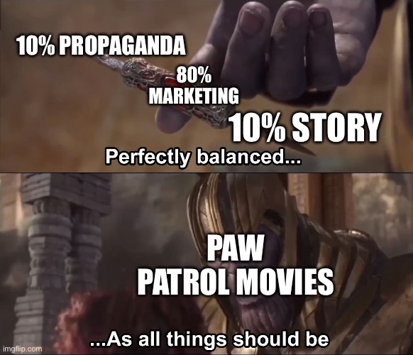 Correct me if I’m wrong on any of these | 10% PROPAGANDA; 80% MARKETING; 10% STORY; PAW PATROL MOVIES | image tagged in thanos perfectly balanced as all things should be,paw patrol,memes | made w/ Imgflip meme maker