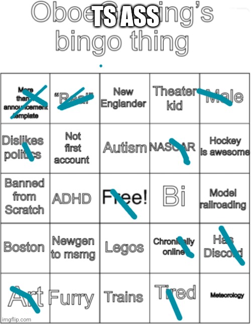 OboeGaming bingo thing V1 | TS ASS | image tagged in oboegaming bingo thing v1 | made w/ Imgflip meme maker