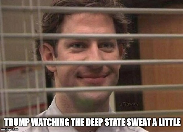 Patience | TRUMP WATCHING THE DEEP STATE SWEAT A LITTLE | image tagged in devious jim | made w/ Imgflip meme maker