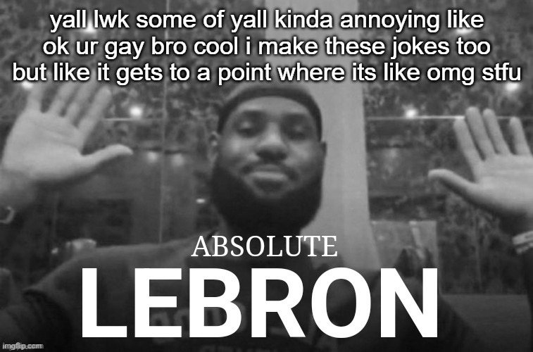 Absolute Lebron | yall lwk some of yall kinda annoying like ok ur gay bro cool i make these jokes too but like it gets to a point where its like omg stfu | image tagged in absolute lebron | made w/ Imgflip meme maker