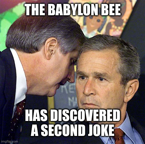 George Bush Whisper | THE BABYLON BEE; HAS DISCOVERED A SECOND JOKE | image tagged in george bush whisper | made w/ Imgflip meme maker