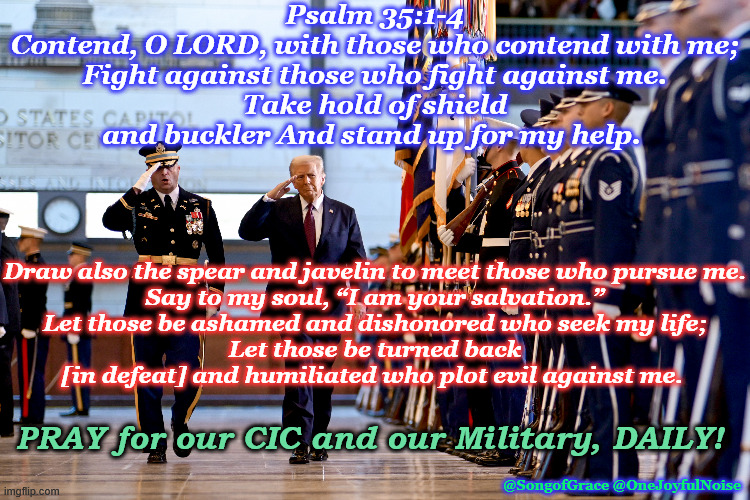 Psalm 35:1-4 | Psalm 35:1-4
Contend, O LORD, with those who contend with me;
Fight against those who fight against me.
Take hold of shield and buckler And stand up for my help. Draw also the spear and javelin to meet those who pursue me.
Say to my soul, “I am your salvation.”
Let those be ashamed and dishonored who seek my life;
Let those be turned back [in defeat] and humiliated who plot evil against me. PRAY for our CIC and our Military, DAILY! @SongofGrace @OneJoyfulNoise | image tagged in prayer for our cic and military | made w/ Imgflip meme maker