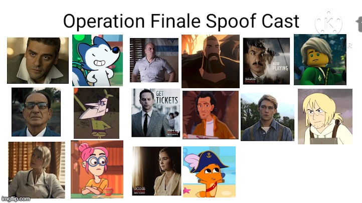 Credit to Mico the Ninjago Fan 2024 for this used | image tagged in meme,operation finale,memes,spoof cast,characters,roles | made w/ Imgflip meme maker