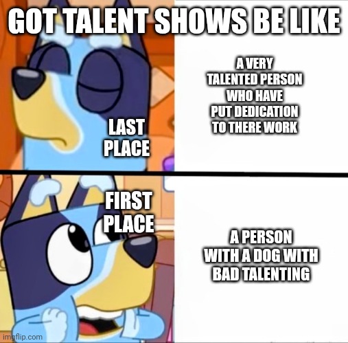 It's just only me or is this got talent in general when it comes to the shows | GOT TALENT SHOWS BE LIKE; A VERY TALENTED PERSON WHO HAVE PUT DEDICATION TO THERE WORK; LAST PLACE; FIRST PLACE; A PERSON WITH A DOG WITH BAD TALENTING | image tagged in bluey drake | made w/ Imgflip meme maker