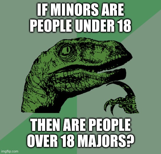 tryna strike a chord | IF MINORS ARE PEOPLE UNDER 18; THEN ARE PEOPLE OVER 18 MAJORS? | image tagged in philosoraptor | made w/ Imgflip meme maker