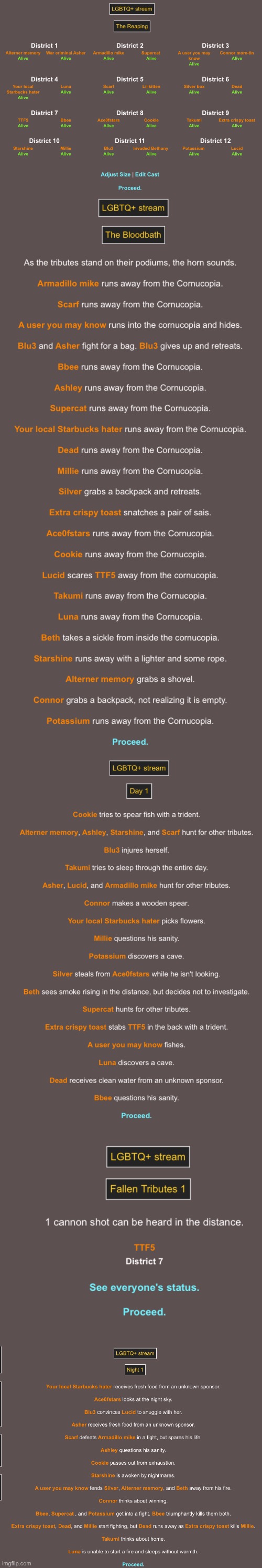 Ok, so here’s day one. (It’s too long if I add the whole thing in one meme) | image tagged in hunger games,lgbtq | made w/ Imgflip meme maker