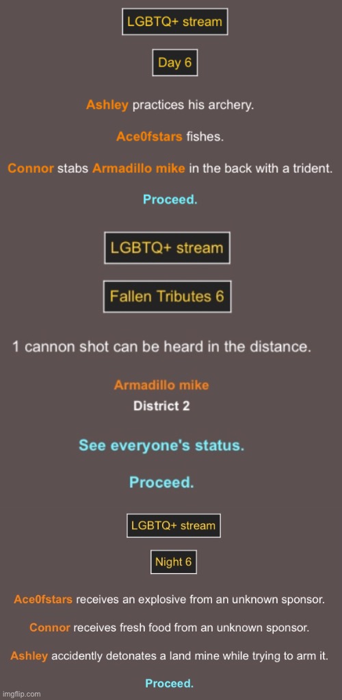 Day 6 (I really thought Ash would win :( ) | image tagged in hunger games,lgbtq | made w/ Imgflip meme maker