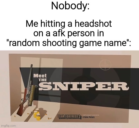 I totally not that type of guy hehe | Nobody:; Me hitting a headshot on a afk person in "random shooting game name": | image tagged in meet the sniper,game memes,sniper | made w/ Imgflip meme maker