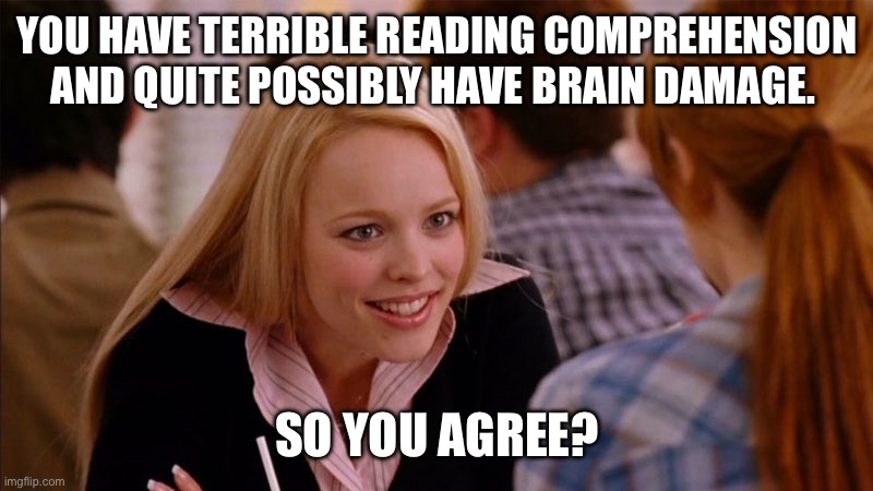 So You Agree | YOU HAVE TERRIBLE READING COMPREHENSION AND QUITE POSSIBLY HAVE BRAIN DAMAGE. SO YOU AGREE? | image tagged in so you agree | made w/ Imgflip meme maker