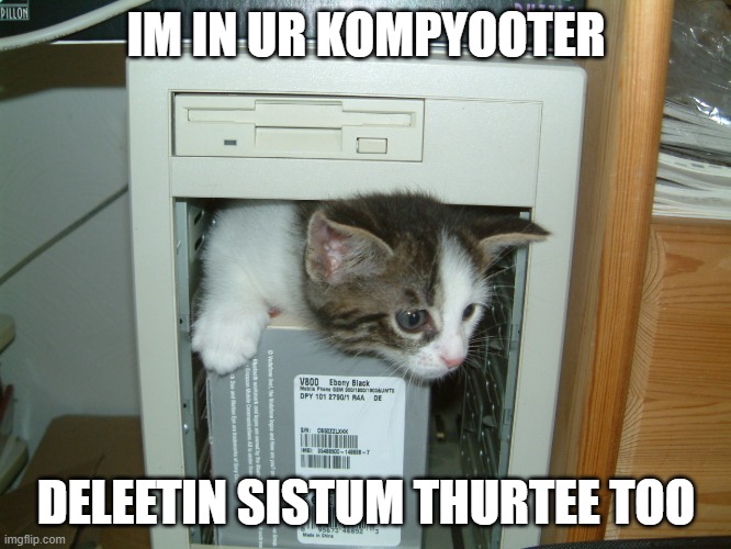 Lolcat Keruptin Ur Kompyooter | IM IN UR KOMPYOOTER; DELEETIN SISTUM THURTEE TOO | image tagged in memes,lolcat,lolcat in ur puter,cats,delete,pwned | made w/ Imgflip meme maker