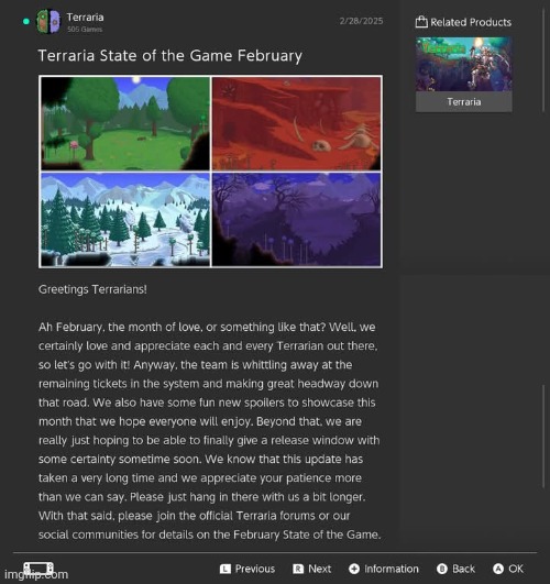 February SOTG and new biome background art have been announced! | image tagged in terraria,video games,nintendo switch,screenshots,updates,announcement | made w/ Imgflip meme maker