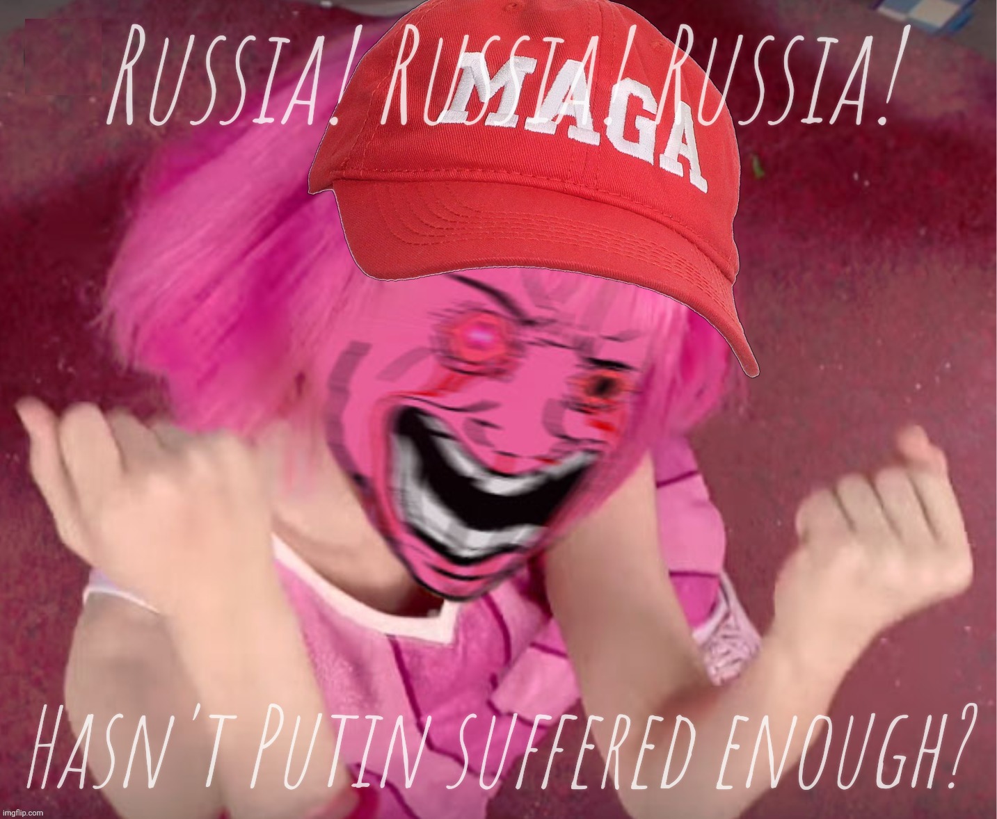 Why's everybody always picking on he? | Russia! Russia! Russia! Hasn't Putin suffered enough? | image tagged in pink wojak gal maga edition,volodimir zelenski,donald trump,peace talks gone foul,russia russia russia,leave putin alone | made w/ Imgflip meme maker