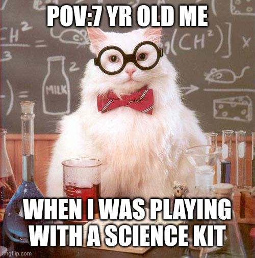 Science kid | POV:7 YR OLD ME; WHEN I WAS PLAYING WITH A SCIENCE KIT | image tagged in science cat | made w/ Imgflip meme maker