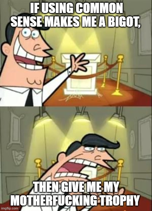 This Is Where I'd Put My Trophy If I Had One Meme | IF USING COMMON SENSE MAKES ME A BIGOT, THEN GIVE ME MY MOTHERFUCKING TROPHY | image tagged in memes,this is where i'd put my trophy if i had one | made w/ Imgflip meme maker