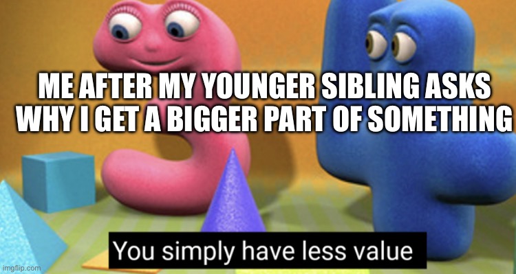 You simply have less value | ME AFTER MY YOUNGER SIBLING ASKS WHY I GET A BIGGER PART OF SOMETHING | image tagged in you simply have less value | made w/ Imgflip meme maker