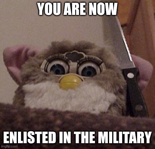 Creepy Furby | YOU ARE NOW ENLISTED IN THE MILITARY | image tagged in creepy furby | made w/ Imgflip meme maker