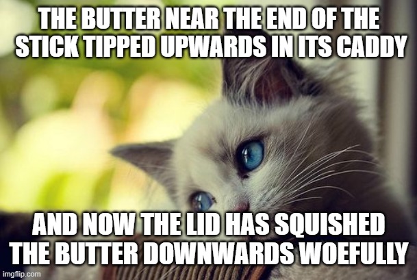 | | THE BUTTER NEAR THE END OF THE
 STICK TIPPED UPWARDS IN ITS CADDY; AND NOW THE LID HAS SQUISHED THE BUTTER DOWNWARDS WOEFULLY | image tagged in it's sarte | made w/ Imgflip meme maker