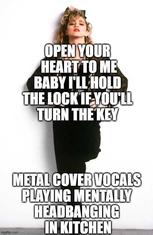 | | OPEN YOUR
 HEART TO ME
BABY I'LL HOLD
THE LOCK IF YOU'LL
TURN THE KEY; METAL COVER VOCALS
PLAYING MENTALLY
HEADBANGING
 IN KITCHEN | image tagged in it's sarte | made w/ Imgflip meme maker