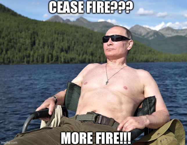 Cease fire | CEASE FIRE??? MORE FIRE!!! | image tagged in vladimir putin,putin,zelenskyy | made w/ Imgflip meme maker