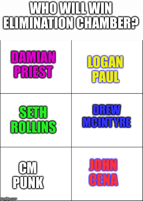 Who you got winning elimination chamber tonight? | WHO WILL WIN ELIMINATION CHAMBER? LOGAN PAUL; DAMIAN PRIEST; DREW MCINTYRE; SETH ROLLINS; JOHN CENA; CM PUNK | image tagged in 6 panel,wwe,elimination chamber | made w/ Imgflip meme maker