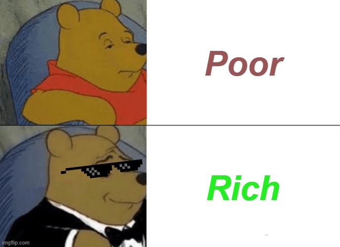 Poor vs Rich | Poor; Rich | image tagged in memes,tuxedo winnie the pooh | made w/ Imgflip meme maker