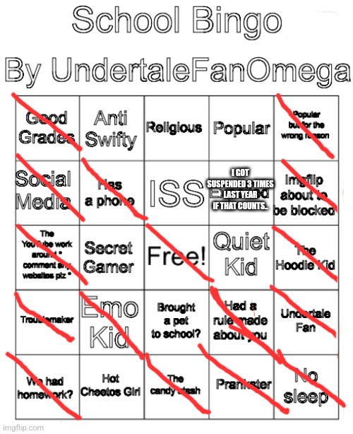 Skewl bingo | I GOT SUSPENDED 3 TIMES LAST YEAR IF THAT COUNTS.. | image tagged in school bingo | made w/ Imgflip meme maker