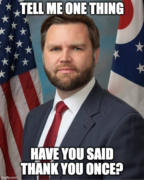Serious Vance | TELL ME ONE THING; HAVE YOU SAID THANK YOU ONCE? | image tagged in serious vance | made w/ Imgflip meme maker