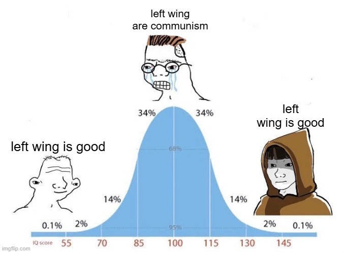 Bell Curve | left wing are communism; left wing is good; left wing is good | image tagged in bell curve,left wing | made w/ Imgflip meme maker